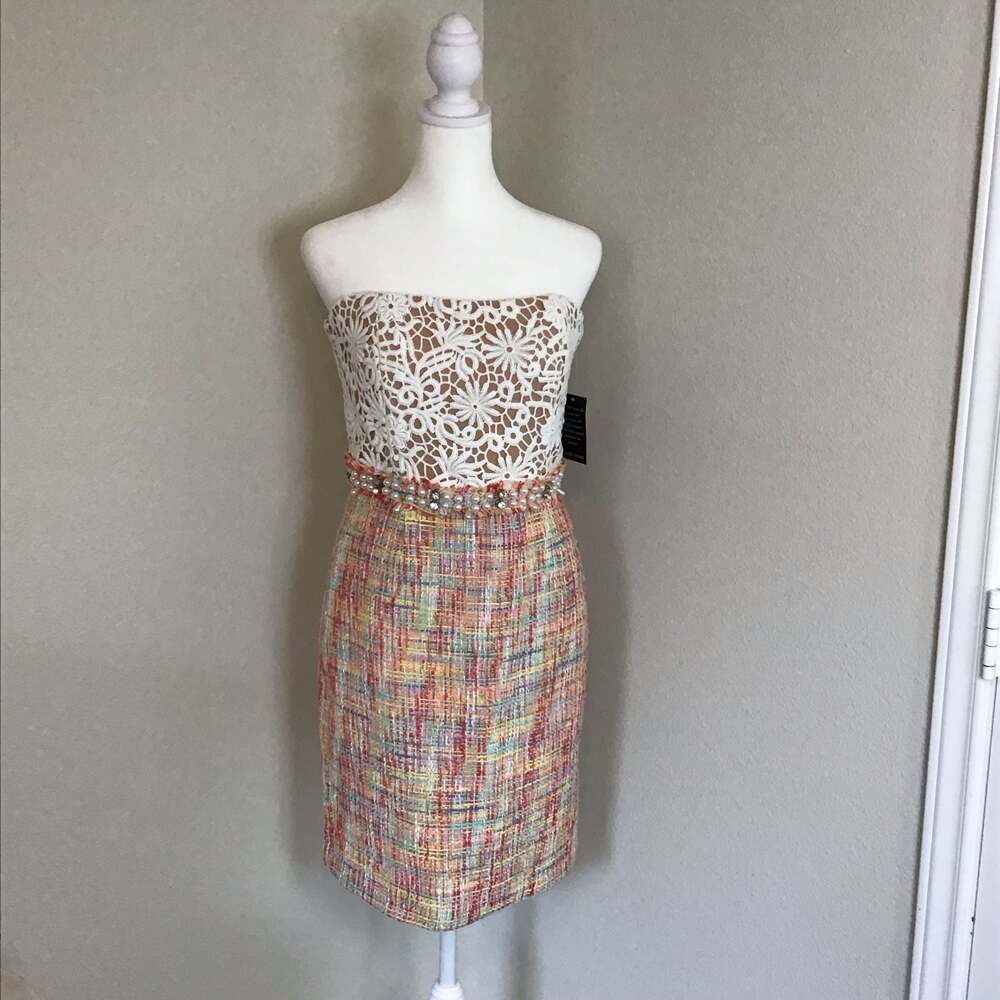 Boston Proper Embellished Crochet and Tweed Sheath Dress Size 4 - Picture 2 of 13